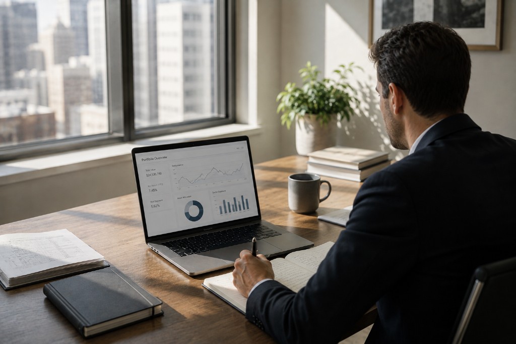 Advisor reviewing a portfolio overview and recording decisions