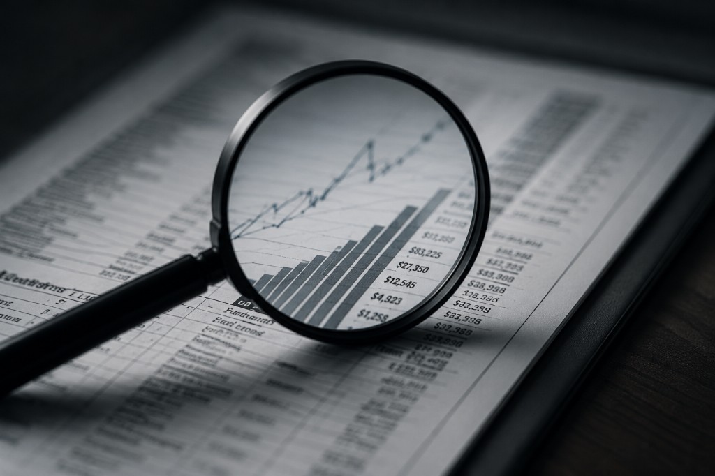 Magnifying glass over financial charts and market data