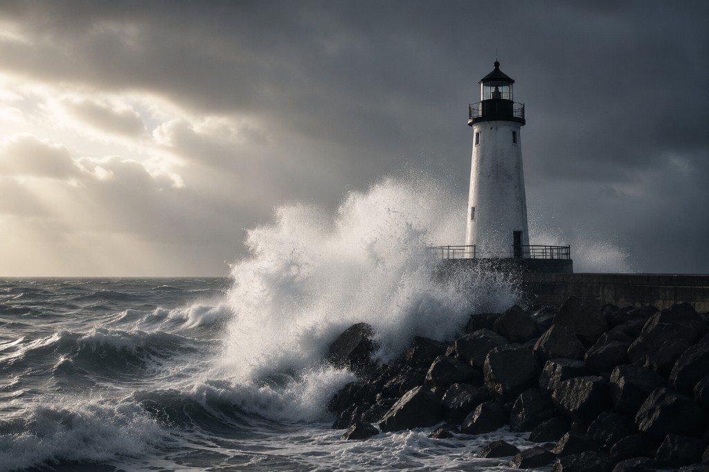 Lighthouse standing firm against a storm at sea