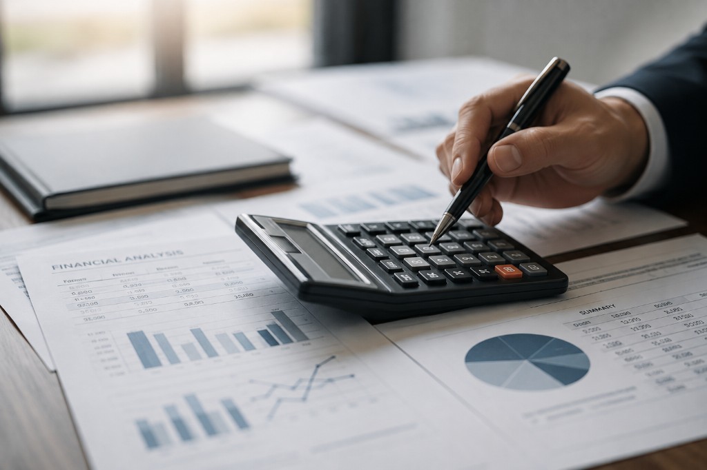 Analyst calculating figures across financial analysis reports